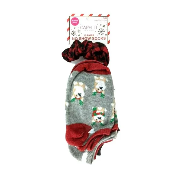 NWT - Capelli NY 10 Pr Girls Christmas Print No Show Socks + Hair Scrunchy  S/M