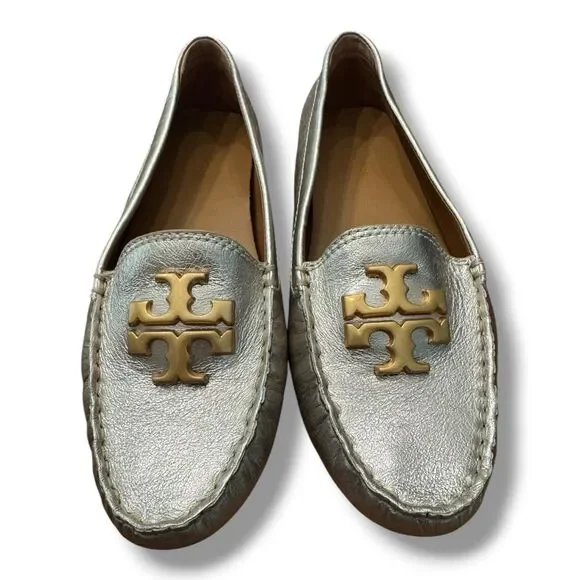 Tory Burch Everly Silver Metallic Leather Shoe Logo Luxury Slip On Women’s Sz 9