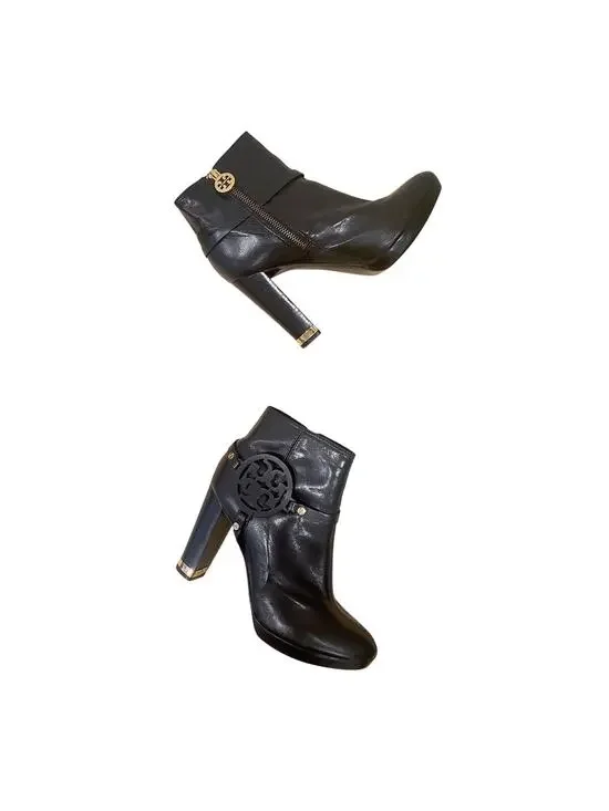 Tory Burch Leather Whitney Ankle Bootie Black/Gold Logo Size 9.5