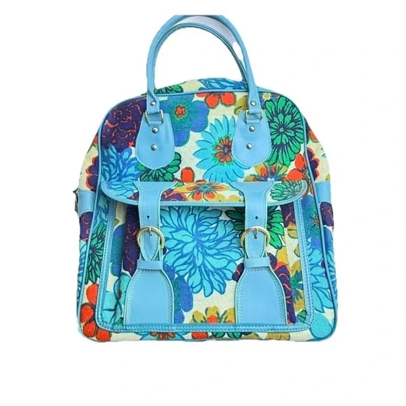 Rare Vintage 1960s Japanese Mod Floral Bowling Bag Embossed Turquoise Canvas
