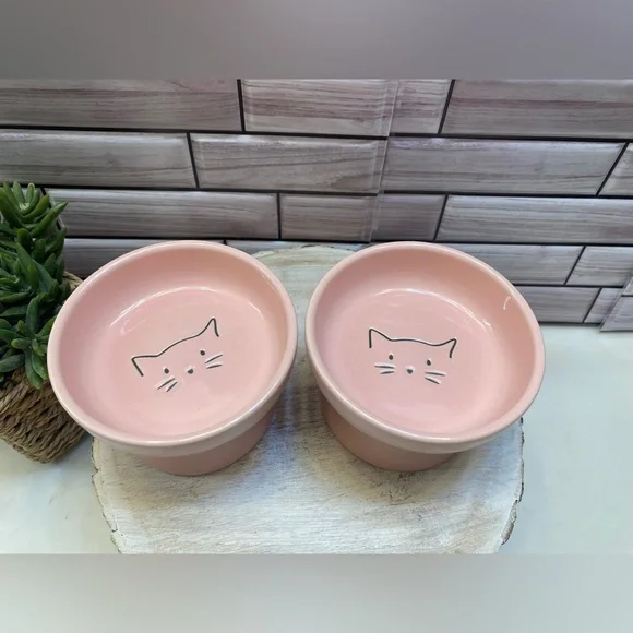 Signature ❤️Cute cat face Elevated cat bowl Pink set of 2 New