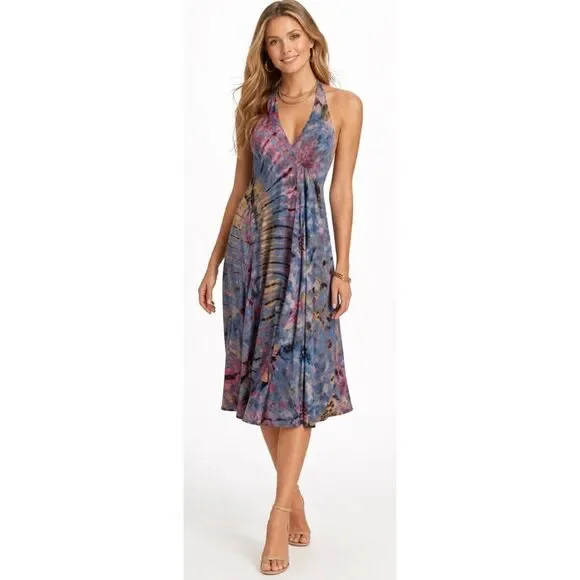 womens large midi dress artisan boho gypsy hippie halter neck tie dye handmade