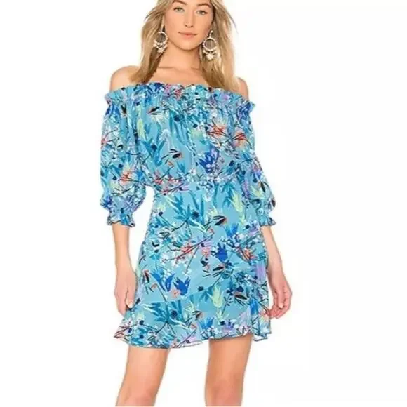 Saloni Grace Floral Blue Bell Off Shoulder Silk Dress Lined