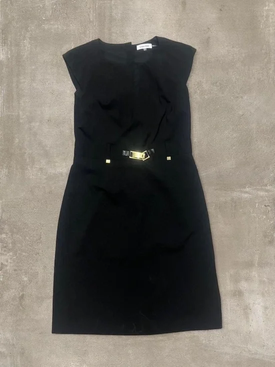 Calvin Klein Black Sheath Dress Size 8 Gold Buckle Career Cocktail