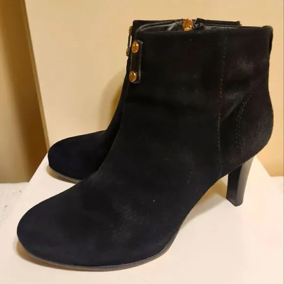 Tory Burch Luxe Black Suede Gold Zip Stiletto Ankle Boots Size 8 Retail $450