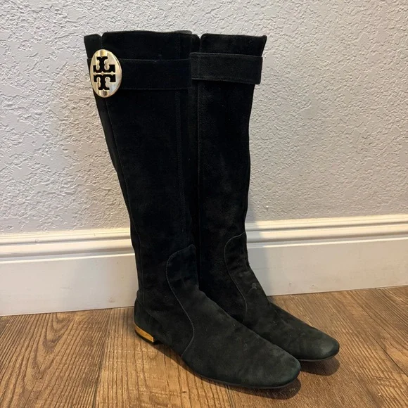 Tory Burch Uma Black Suede Knee-High Boots Gold Accents Size 7.5‎