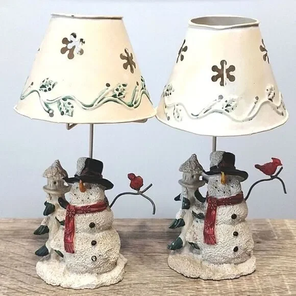 VTG Set of 2 Christmas Ceramic Snowman‎ Metal Shade Tealight Holders