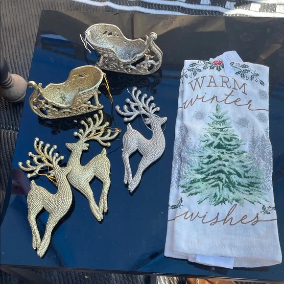 Gold Reindeer Ornaments & Sleigh Holiday Decor with Christmas Tree Tea Towel