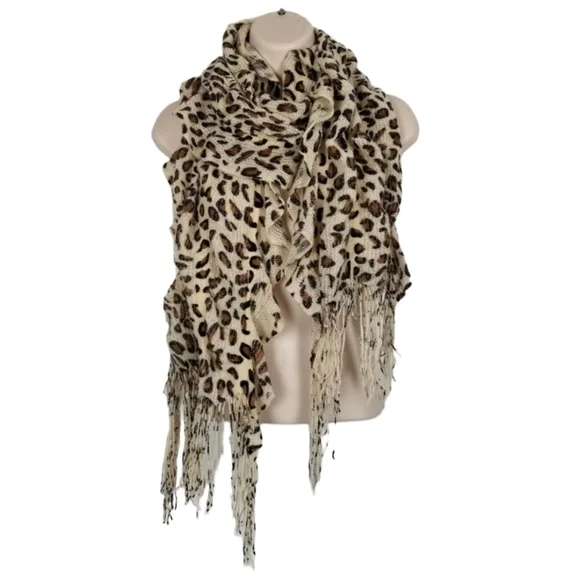 Scarf Animal Print Twisted Stretch Textured Ruffle Long Fringe Lightweight Cream