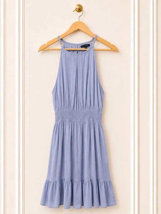Staccato Blue Halter Midi Dress Size Medium Smocked Waist Flowy Dress
