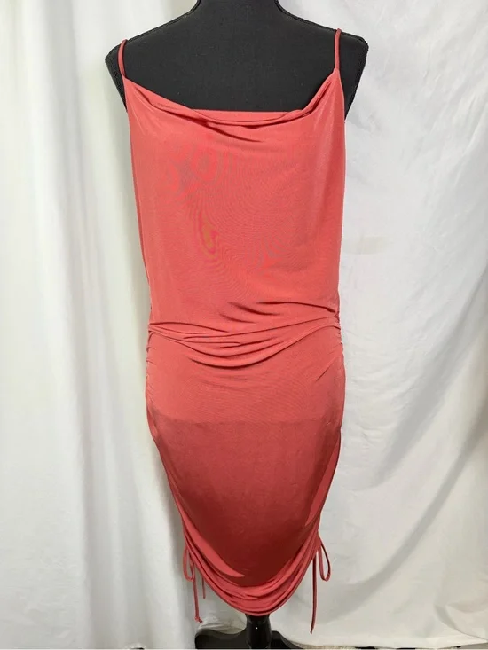 Open Edit Ruched Cowl Neck Midi Dress Coral Pink Bodycon Slip Dress M