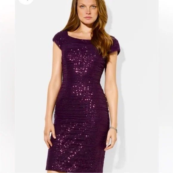 LAUREN Ralph Lauren Evening Sequin Dress Purple Ruched size 2 NWT!
