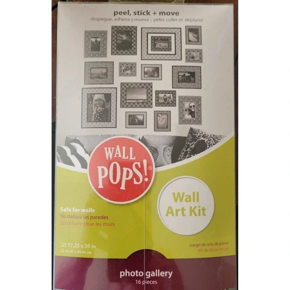 Wall Pops Photo Gallery Wall Art Kit Unisex OS Black Grey New 16 Piece Decal Set