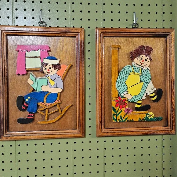 Vintage‎ Raggedy Ann & Andy Hand Painted and Cut Wooden 3D Art Set of 2