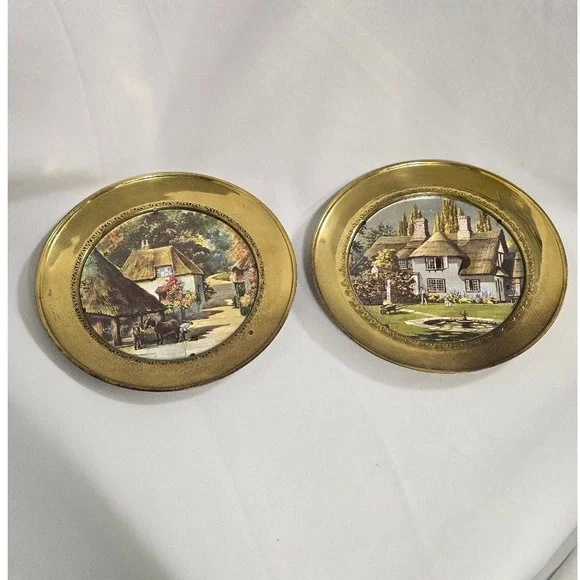 2 Vtg foil art brass wall plates England cottagecore countryside old world