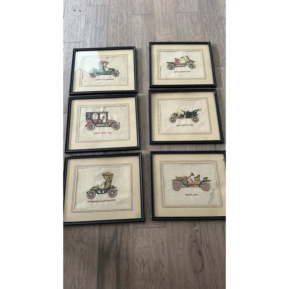 6 VINTAGE COMPLETED EMBROIDERY Antique Cars Framed Old Frames