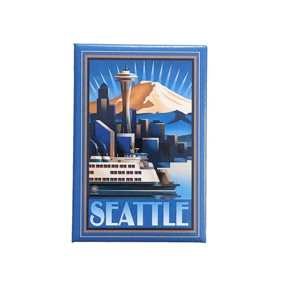 Seattle Washington Space Needle Mt Rainier Ferry Art Deco Style Souvenir Magnet