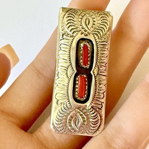 Navajo Red Coral Money Clip Handmade Skeets Shadowbox Stamped Native American