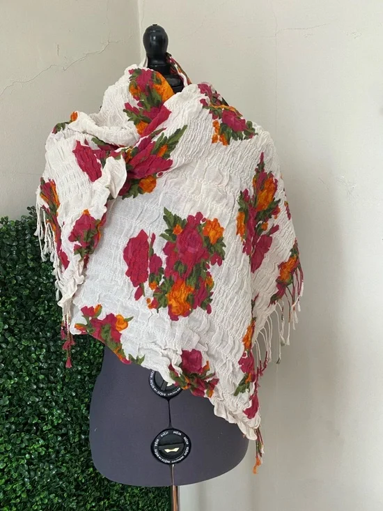 mark. White Floral Crinkle Scarf with Pink & Orange Blooms