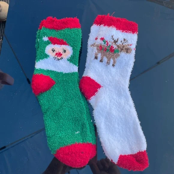 Cozy Holiday Fuzzy Socks - Red, White & Green, 9-11, 2 pair