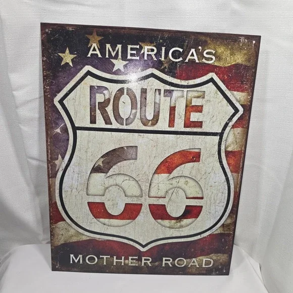 Route 66 Mother Road Metal Sign Vintage American Flag Tin Wall Art 16x12.5