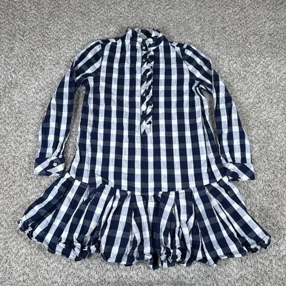 Tuckernuck Dress Womens XXS Navy White Plaid Tate Ruffle Button Drop Waist Linen