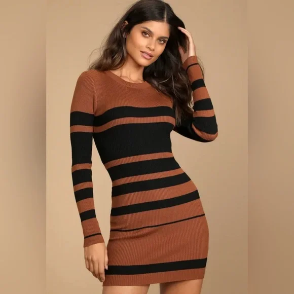 LULU’S THANKFUL FOR YOU BROWN AND BLACK STRIPED SWEATER DRESS