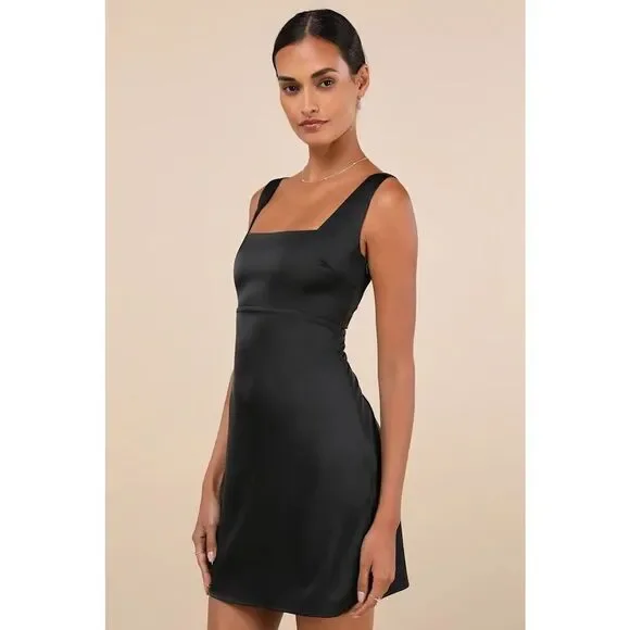 Lulus Truly the Cutest Black Satin Square Neck Mini Dress Size M New