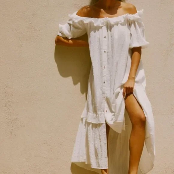 Anthropologie Ruffle Off-The-Shoulder Gauze Dress in White Size Medium