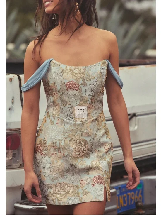 NWT Lulu’s Captivating Personality Light Blue Jacquard Bustier Mini Dress Small