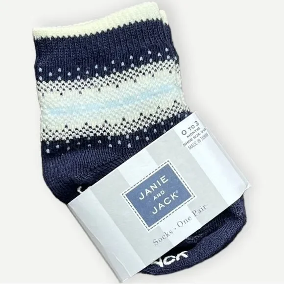 Janie and Jack Infant Baby Navy Blue Fair Isle Socks. One Pair. 0-3 Months. NEW.