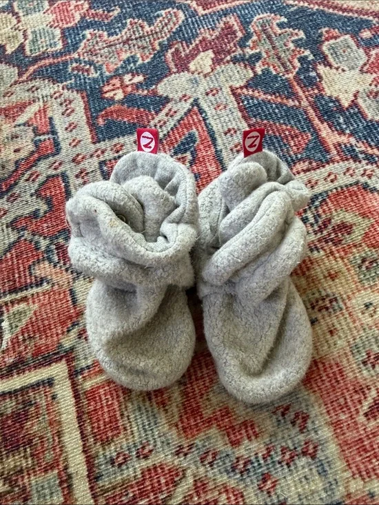 Zutano Light Gray Plush Baby Booties with Red Logo Tab