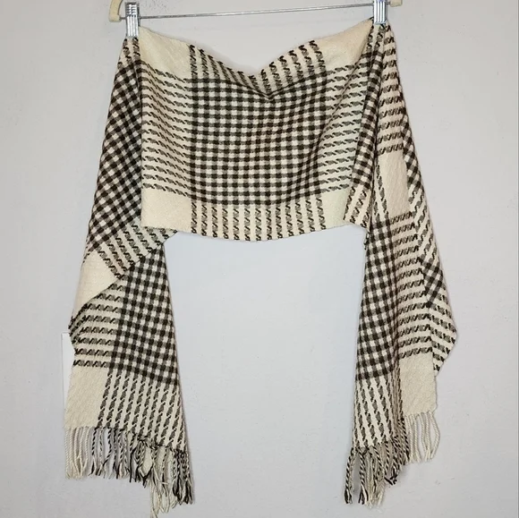 100% Cashmere Scarf Made‎ In Germany Cream And Brown Plaid Fringe Hem