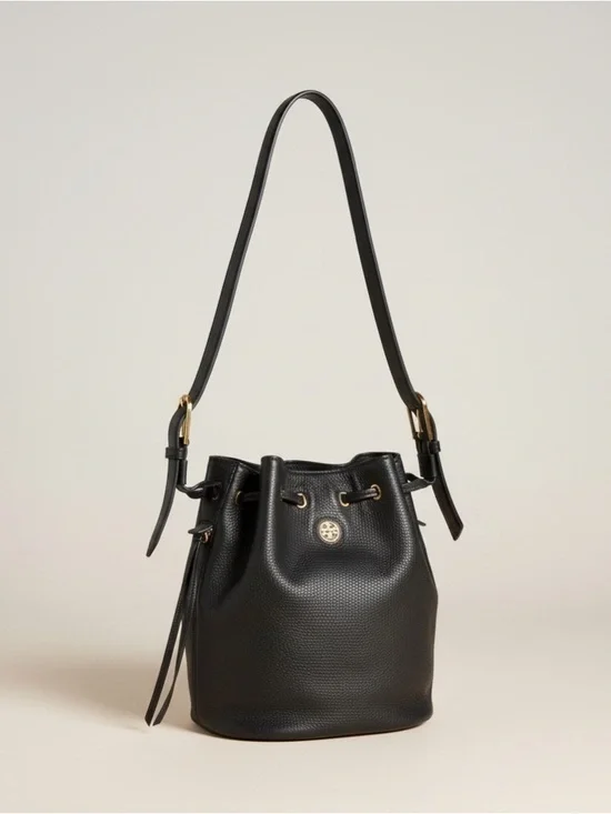 ✨ Tory Burch Black Pebbled Leather Drawstring Bucket Bag Gold Medallion EUC