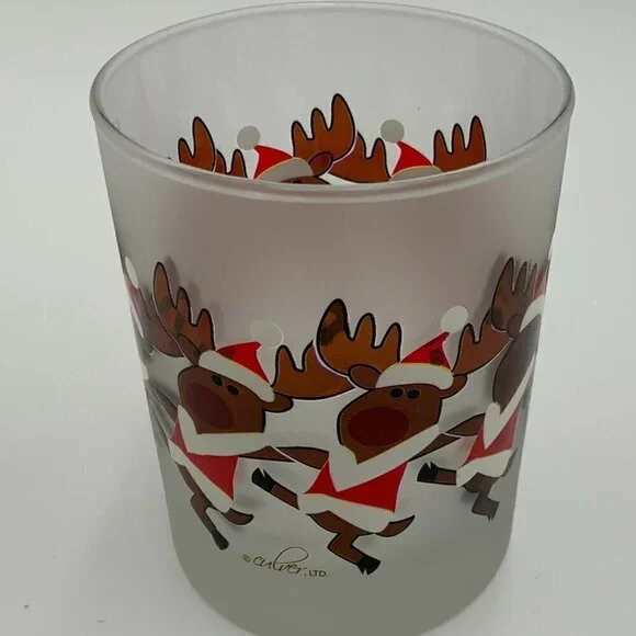 Culver Frosted Dancing Reindeer Old Fashion Low Ball Glass #12122