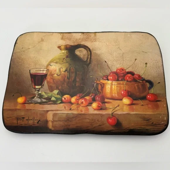 Vintage “Still Life With Cherries” Art on Wood Wall Plaque