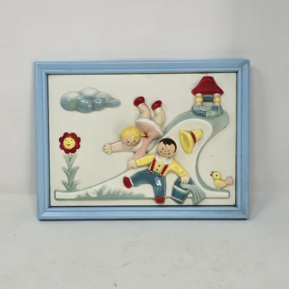 Vtg Stahlwood nursery wall art Jack &‎ Jill 3D framed plastic kids room decor.