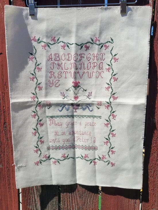 VTG Finished Cross Stitch Alphabet Floral Cottagecore Bible Verse Peter 1:2