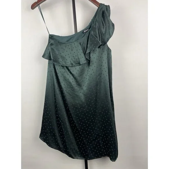 Madewell Emerald Green Silk One Shoulder Ruffle Dotted Mini Lined Dress Size 0‎