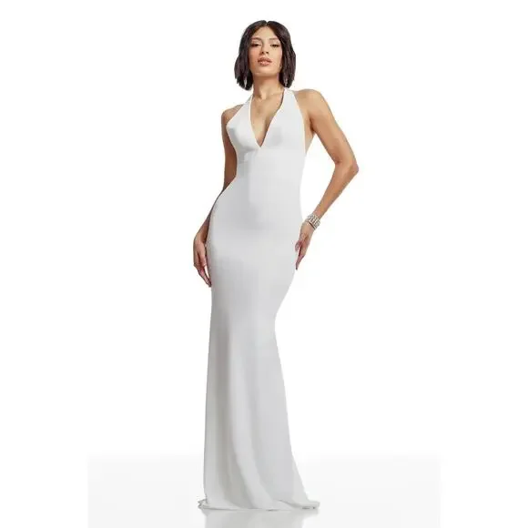 Dress the Population Camden Floor Length Formal Halter Neck Gown White Small