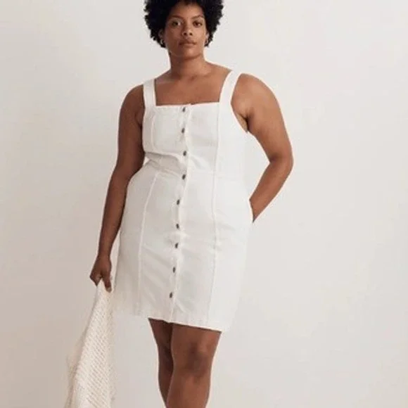 Madewell Square Neck Button-Front Denim Mini‎ Dress 14 White Sleeveless Pockets