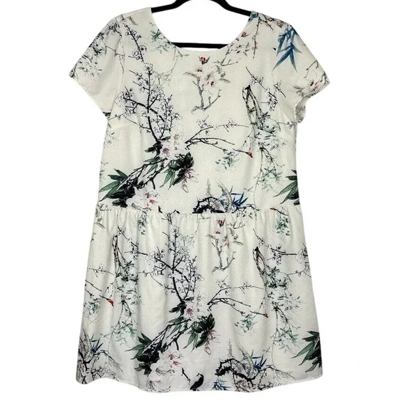 FRNCH Dress Women's Large White Botanical Bird‎ Print Garden Summer Short Sleeve