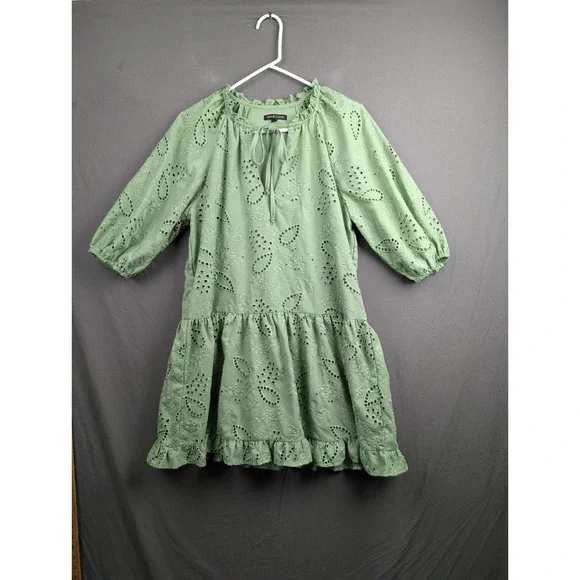 Seni & Cade Green Eyelet Lace Mini Dress Medium Sage Ruffle Tie Neck