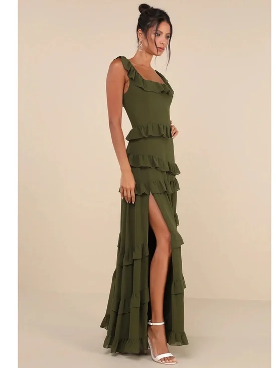 NWT Lulu’s Compelling Romantic Olive Green Ruffled Tiered Maxi Dress XL Chic