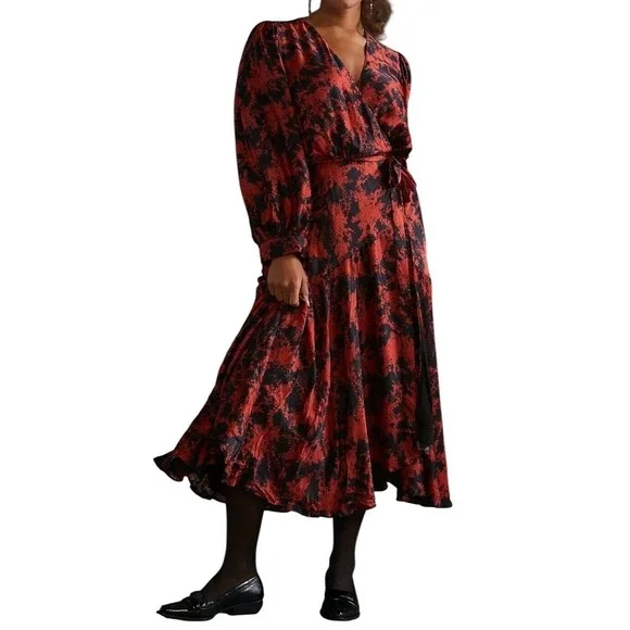 CABALLERO Anthro Red Black Silk Abstract Wrap Midi Dress Long Puff Sleeve Size M