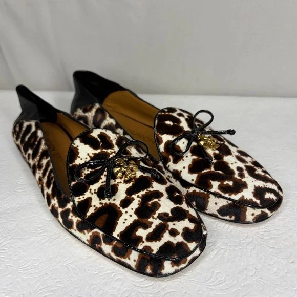 Tory Burch Charm Leopard Calf Hair Loafers Black Leather Trim Logo Bow Flats 8M‎