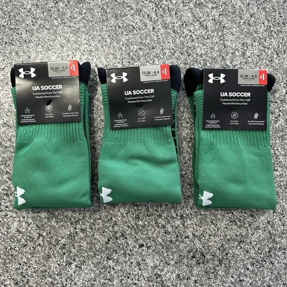Under Armour Soccer Socks Youth L Lot 3 Pairs Kids 13.5-4.5Y OTC Cushioned Green