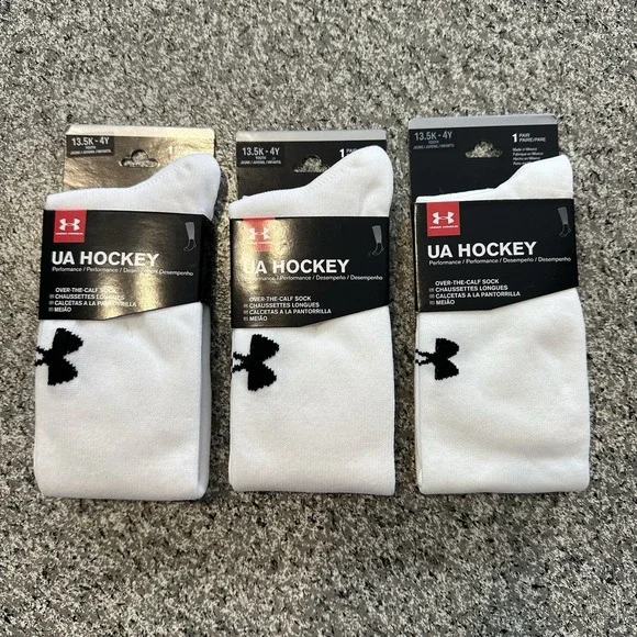 Under Armour Hockey Socks Youth Large White Lot of 3 Pairs UA OTC Kids 13.5-4Y