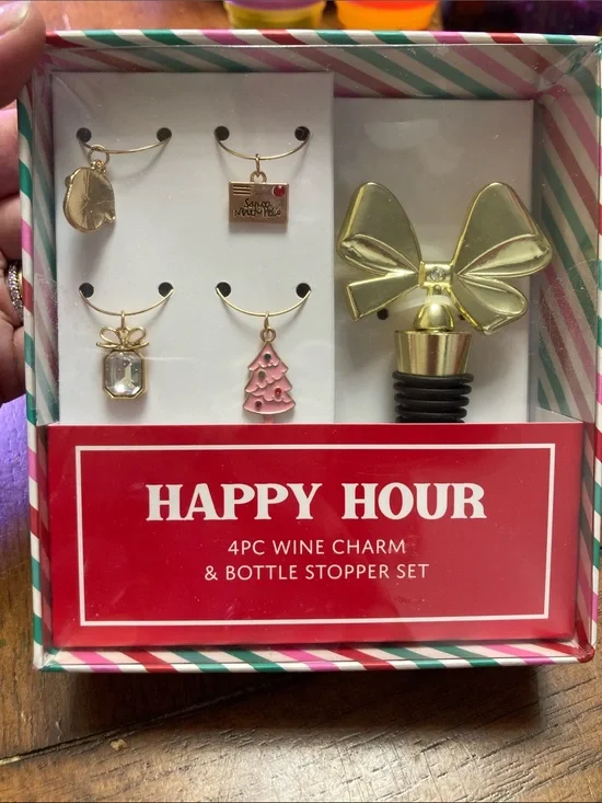 Happy Hour 4pc Wine Charm & Gold Bow Bottle Stopper Set