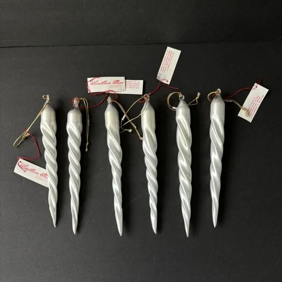 Vtg Department 56 Handblown Glass Icicle Ornaments Set‎ Of 6 White Christmas new